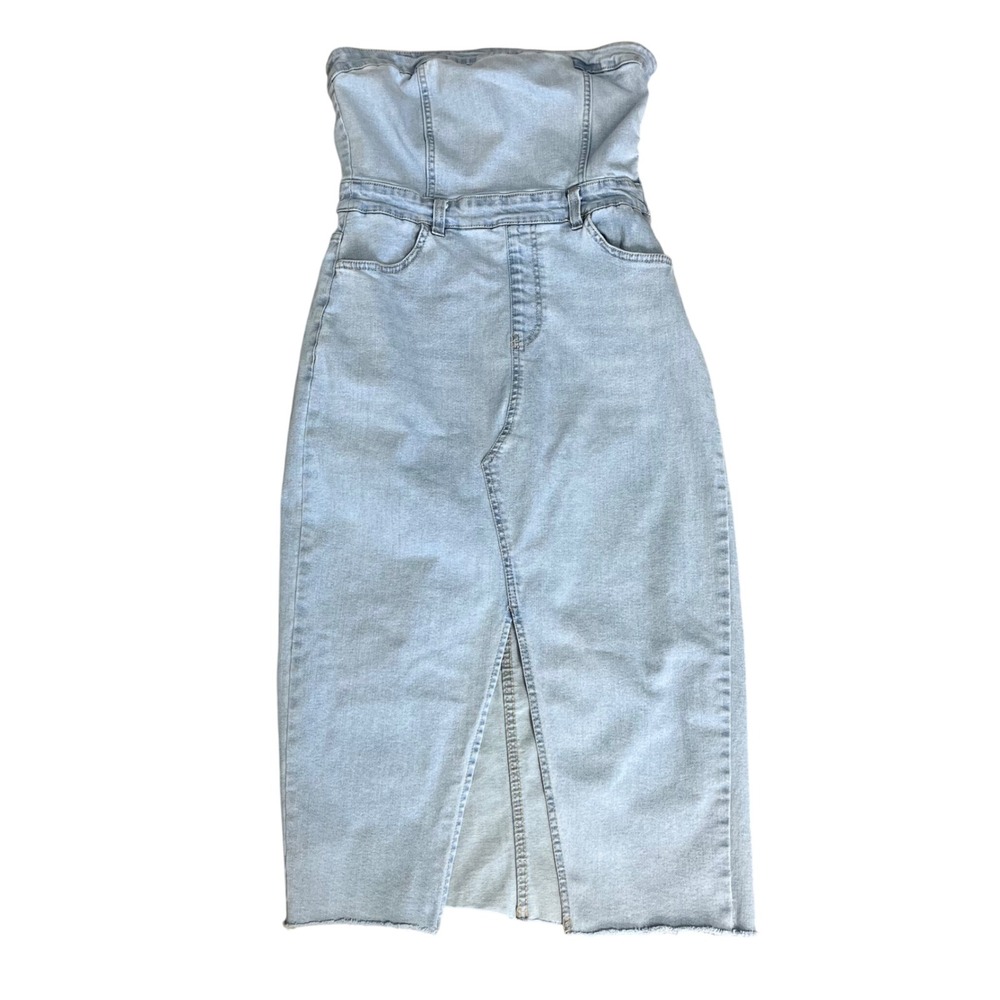 Strapless Light Wash Denim Midi Dress